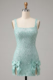 Mint Green Sparkly Sequin Short Cocktail Dress with Slit