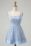 Sparkly Sequin Sky Blue Short Cocktail Dress with Bows