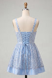 Sparkly Sequin Sky Blue Short Cocktail Dress with Bows
