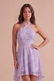 Sparkly Lilac Floral Beaded Halter Short Cocktail Dress