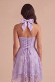 Sparkly Lilac Floral Beaded Halter Short Cocktail Dress