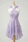Sparkly Lilac Floral Beaded Halter Short Cocktail Dress