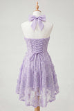 Sparkly Lilac Floral Beaded Halter Short Cocktail Dress