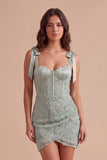 Dusty Sage Sparkly Floral Corset Beaded Short Cocktail Dress