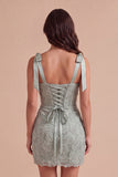 Dusty Sage Sparkly Floral Corset Beaded Short Cocktail Dress