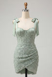 Dusty Sage Sparkly Floral Corset Beaded Short Cocktail Dress