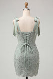 Dusty Sage Sparkly Floral Corset Beaded Short Cocktail Dress