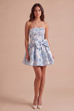 Dusty Blue Floral Jacquard Strapless Short Cocktail Dress
