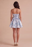 Dusty Blue Floral Jacquard Strapless Short Cocktail Dress
