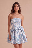 Dusty Blue Floral Jacquard Strapless Short Cocktail Dress