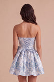 Dusty Blue Floral Jacquard Strapless Short Cocktail Dress