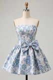 Dusty Blue Floral Jacquard Strapless Short Cocktail Dress