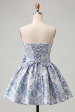 Dusty Blue Floral Jacquard Strapless Short Cocktail Dress