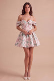 Ligth Pink Floral Halter Jacquard Corset Short Cocktail Dress