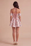 Ligth Pink Floral Halter Jacquard Corset Short Cocktail Dress