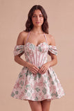 Ligth Pink Floral Halter Jacquard Corset Short Cocktail Dress