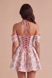Ligth Pink Floral Halter Jacquard Corset Short Cocktail Dress