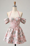 Ligth Pink Floral Halter Jacquard Corset Short Cocktail Dress