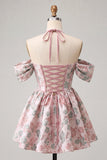 Ligth Pink Floral Halter Jacquard Corset Short Cocktail Dress
