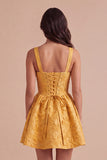Yellow Floral Jacquard Corset Short Cocktail Dress