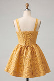Yellow Floral Jacquard Corset Short Cocktail Dress
