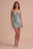 Lake Blue Fringed Corset Floral Short Cocktail Dress