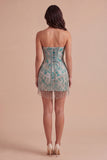 Lake Blue Fringed Corset Floral Short Cocktail Dress