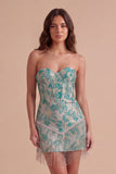Lake Blue Fringed Corset Floral Short Cocktail Dress