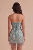 Lake Blue Fringed Corset Floral Short Cocktail Dress