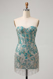 Lake Blue Fringed Corset Floral Short Cocktail Dress
