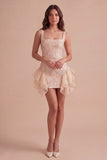 Champagne Ruffled Square Neck Floral Short Cocktail Dress
