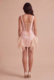 Champagne Ruffled Square Neck Floral Short Cocktail Dress