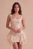 Champagne Ruffled Square Neck Floral Short Cocktail Dress