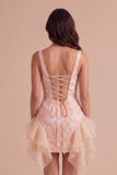 Champagne Ruffled Square Neck Floral Short Cocktail Dress