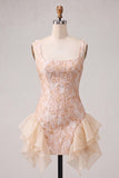 Champagne Ruffled Square Neck Floral Short Cocktail Dress