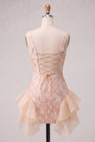 Champagne Ruffled Square Neck Floral Short Cocktail Dress