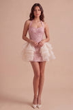 Light Pink Floral Ruffled Bodycon Short Cocktail Dress