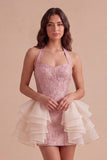 Light Pink Floral Ruffled Bodycon Short Cocktail Dress