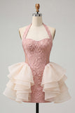 Light Pink Floral Ruffled Bodycon Short Cocktail Dress