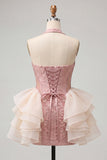 Light Pink Floral Ruffled Bodycon Short Cocktail Dress