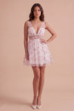 Blush Floral V-Neck A Line Short Cocktail Dress