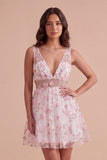 Blush Floral V-Neck A Line Short Cocktail Dress