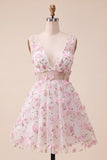 Blush Floral V-Neck A Line Short Cocktail Dress