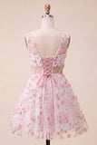 Blush Floral V-Neck A Line Short Cocktail Dress