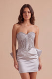 Silver Corset Floral Sweetheart Beaded Short Cocktail Dress