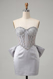 Silver Corset Floral Sweetheart Beaded Short Cocktail Dress