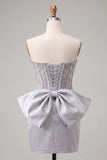 Silver Corset Floral Sweetheart Beaded Short Cocktail Dress