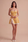 Yellow Floral Ruffled Jacquard Short Cocktail Dress with Slit