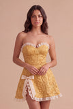 Yellow Floral Ruffled Jacquard Short Cocktail Dress with Slit