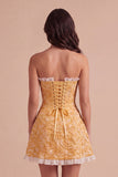 Yellow Floral Ruffled Jacquard Short Cocktail Dress with Slit